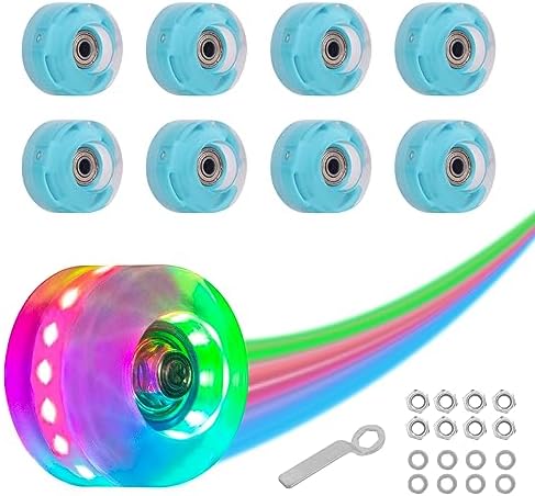 Nattork 8 Pack 82A Light up Roller Skate Wheels 54 * 32mm with Bearings Installed Luminous Quad Light Up Wheels Skating Accessories For Double Row Skates Outdoor And Indoor Use (Teal)