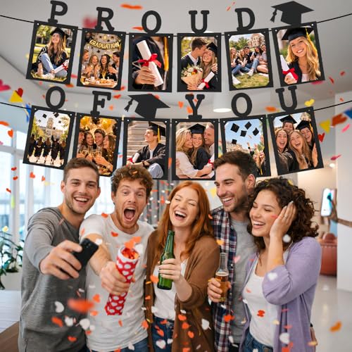 Image of Proud of You Graduation Photo Banner, Graduation Photo Display Decorations, Class of 2026 Party Decorations for College Senior, High, Middle, Junior, Kindergarten Pictures Display Grad Party Supplies