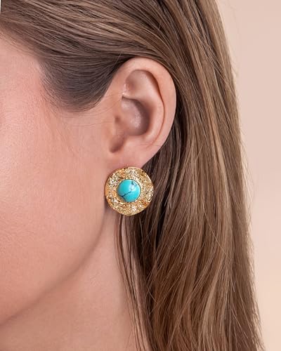 Gold Turquoise Round Button Hammered Daisy Sunflower Floral Chunky Statement Earrings for Women by SNGIA, Bold Handmade Exaggerated Dome Retro Rounded Trendy Flower Bohemian Natural Stone Stud Jewelry Gifts, Unique Vintage Baroque Teal Gemstone Spring Summer Beach Fashion Earrings Accessories, Thick Circular Nickle Free Huggies Earrings.4