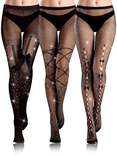 Image of Bencailor 3 Pairs Rhinestone Women Fishnet Stocking Tight Legging Stocking Small Hole Pattern Black High Pantyhose Waist Lace