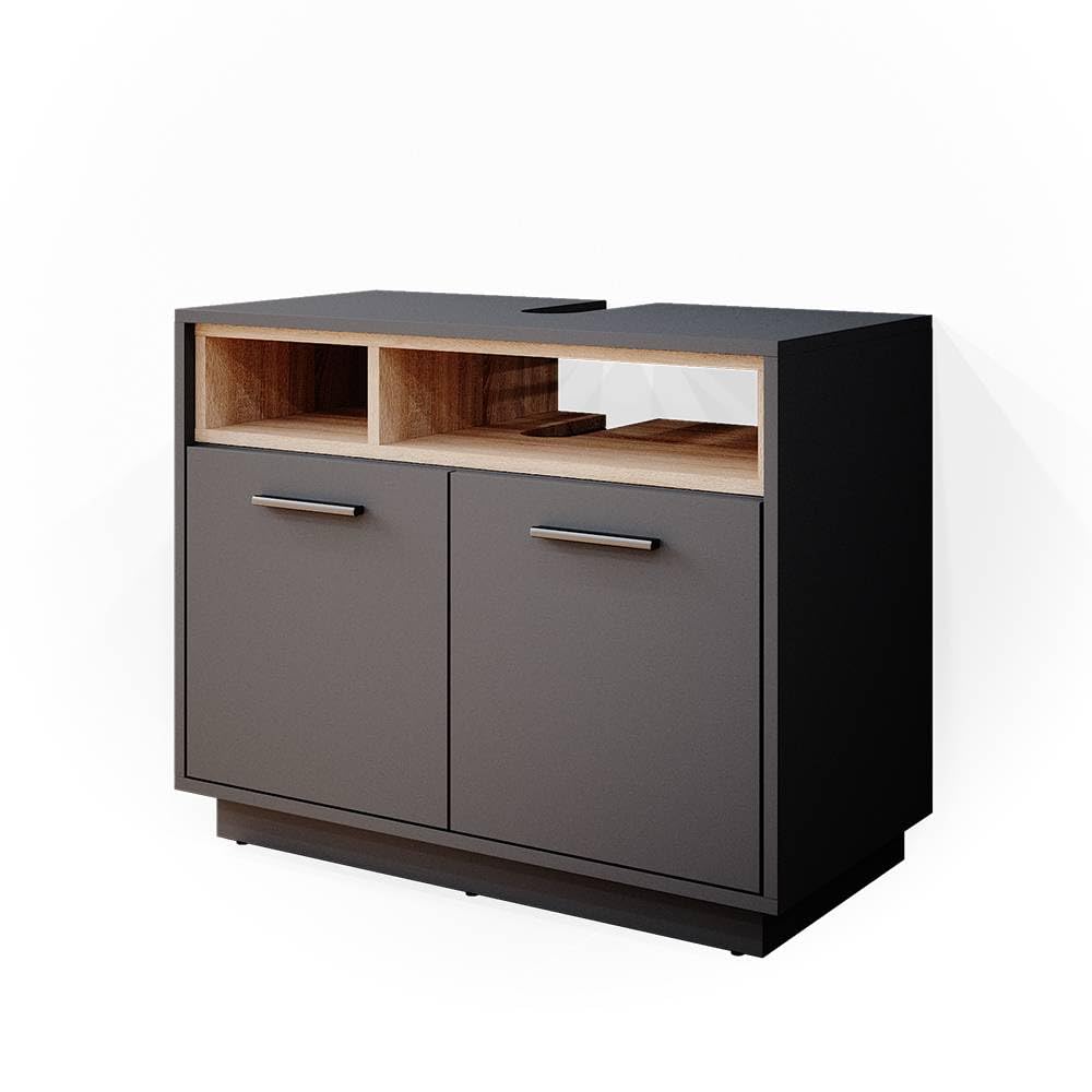 Vicco Meuble sous Vasque Simple Beatrice, Anthracite, 80x64cm, avec découpe pour Siphon et espaces de Rangement Ouverts