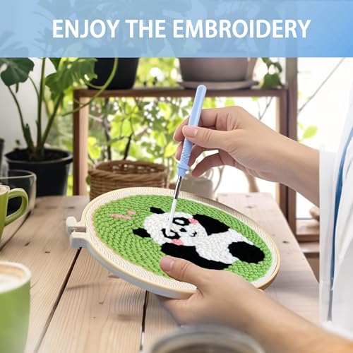 Image of Danvk Panda Punch Embroidery Kit with Embroidery Fabric, Hoop,Scissor,Punch Needle and Yarns, Hand Craft Gift,DIY Embroidery Kits, Hand Punch Needle Kit for Women and Beginners(Panda-Smiling)