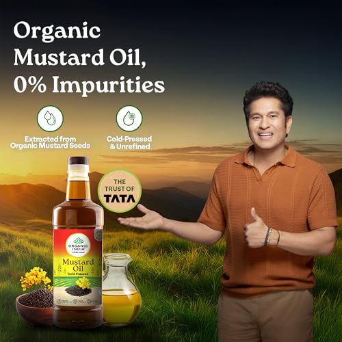 Image of Organic India Mustard Oil, 1000ml | Lab Tested on 250+ Parameters | Certified Organic| Cold Pressed Oil | Kachi Ghani Sarso Ka Tel with Natural Flavour | Perfect for Daily Cooking and Healthier living