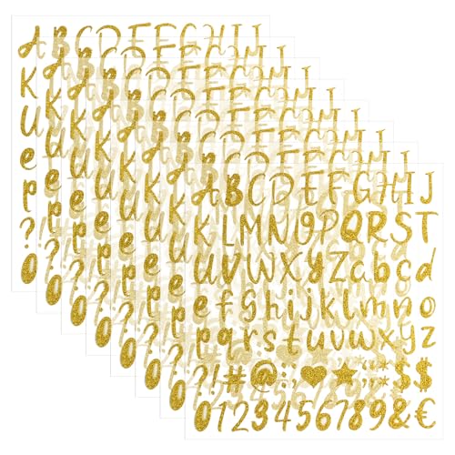 664 PCS Gold Letter Stickers 8 Sheets Glitter Alphabet Number Stickers 1 Inch Vinyl Self Adhesive Cursive Letter Stickers for Scrapbooking Graduation Cap Water Bottles DIY Crafts Classroom Decor