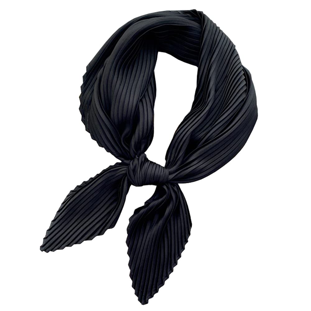 PengFaXin Women Silk Like Solid Square Scarf Satin Neckerchief Pleated Headscarf (#19 Black)