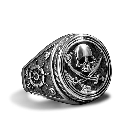 bahamut Mens Pirate Captain Skull Knife Ring for Men Gothic Punk Halloween Biker Stainless Steel Vintage Jewelry (Silver Pirate Skull, 10)