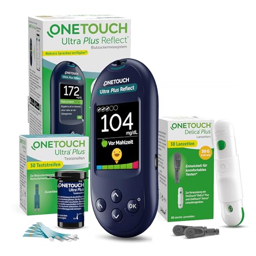 OneTouch Ultra Plus Reflect® Blutzuckermessgerät Set – Starterset Diabetes mg/dL – Inkl. 40 Teststreifen & 40 Lanzetten – Präzise Messung, einfache Anwendung – Stiftung Warentest SEHR GUT (1,5)