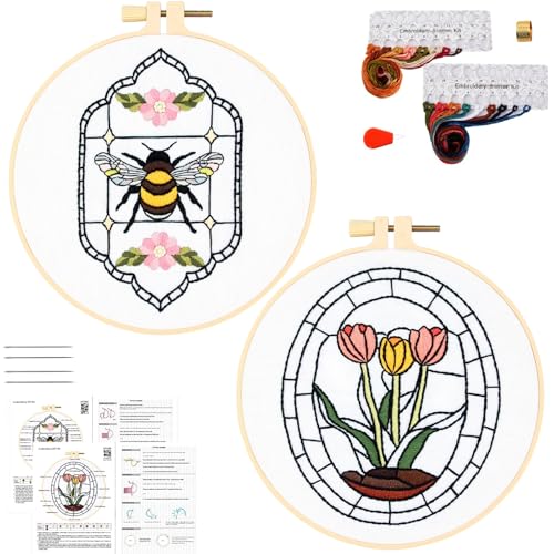 Image of Armindou Flowers Bee Embroidery Kits for Beginners Adults, Floral Hand Embroidery Set Needlepoint DIY Kits, Stamped Cross Stitch Kits for Beginners Adults, 2 Embroidery Hoops (Attached Video Tutorial)
