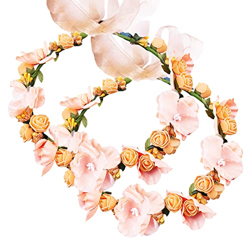 Flower Crown Headband Wreath Garland Hair Bands Floral Wedding Bridal Hair Hoop Women Leaf Ribbon Party Decoration Headdress Headwear Christmas Handmade Headpiece Hair Accessories 2 Pack Orange