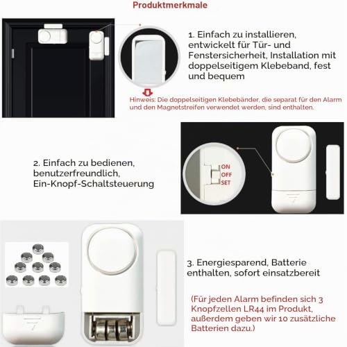 Shackcom 4pcs Fensteralarm Türalarm Selbstklebend Alarm Fenster 120dB mit Wireless Magnetsensor...