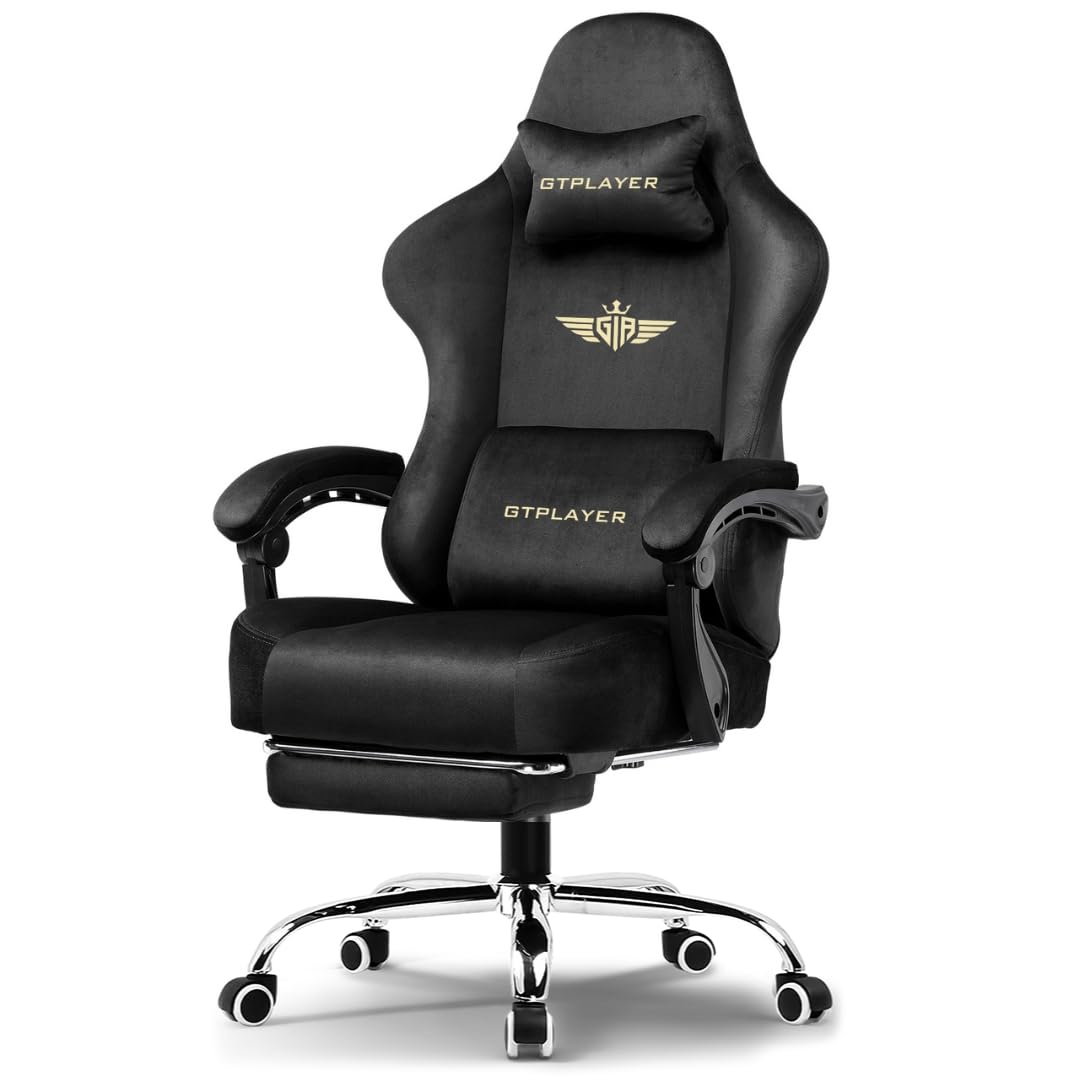 GTPLAYER "Silken Gaming Chair with Footrest, Pocket Spring Cushion & Breathable Fabric, Ergonomic Office Chair with Tailored Back Support, 1 Year Warranty (Velvet Black)