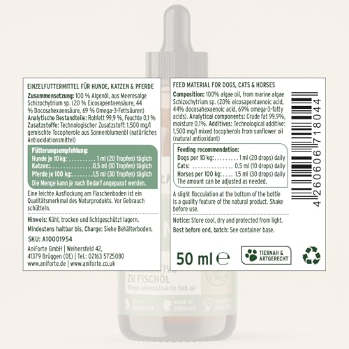 AniForte Algenöl für Pferde, Hunde & Katzen 50 ml – Hochkonzentriertes, veganes Omega-3 Öl aus Algen unterstützt Gelenke, Stoffwechsel, Fell & Haut