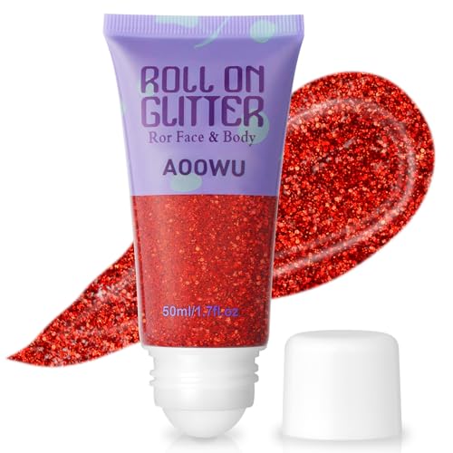 AOOWU Purpurina Cara Gel Líquido, 50ml Roll on Gel Purpurina Corporal, Brillantes Mujer para la Cara Cabello y Cuerpo, Glitter Líquida de Rollon para Maquillaje Festival Rave,Carnaval y Halloween Rojo