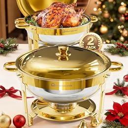 WARMOUNTS Round Chafing Dishes for Buffet, Gold Buffet Warmers Set 2 Pack