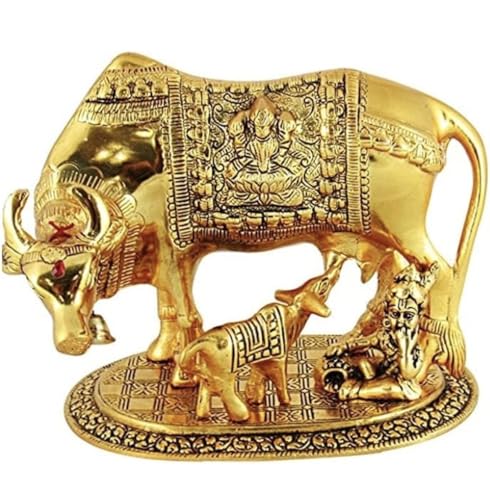Image of Sheela Handcrafted Brass Golden Kamdhenu Cow with Calf, Vastu Gau MATA Idol, Spiritual Vastu Nandi Pooja Figurine Sculpture, Kamdhenu Cow & Calf Idol for Home and Office