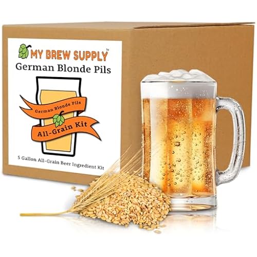 My Brew Supply German Blonde Pils Beer Brewing Kit | European 2-Row Pale Ale Malt | Munich Light Grain | Hallertau Pellet Hops | Nottingham Yeast | 5 Gallon Advanced All Grain Home Brewing