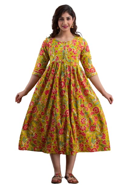Women's Cotton Floral Printed Anarkali Maternity Feeding Kurti (Yellow-M)-picture-35