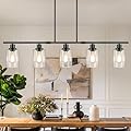 Dining Room Light Fixture Over Table, 5-Light Kitchen Island Lighting Hanging, Farmhouse Linear Chandelier for Dining Room, Matte Black Pendant Light Fixtures with Clear Glass Shade for Kitchen Island