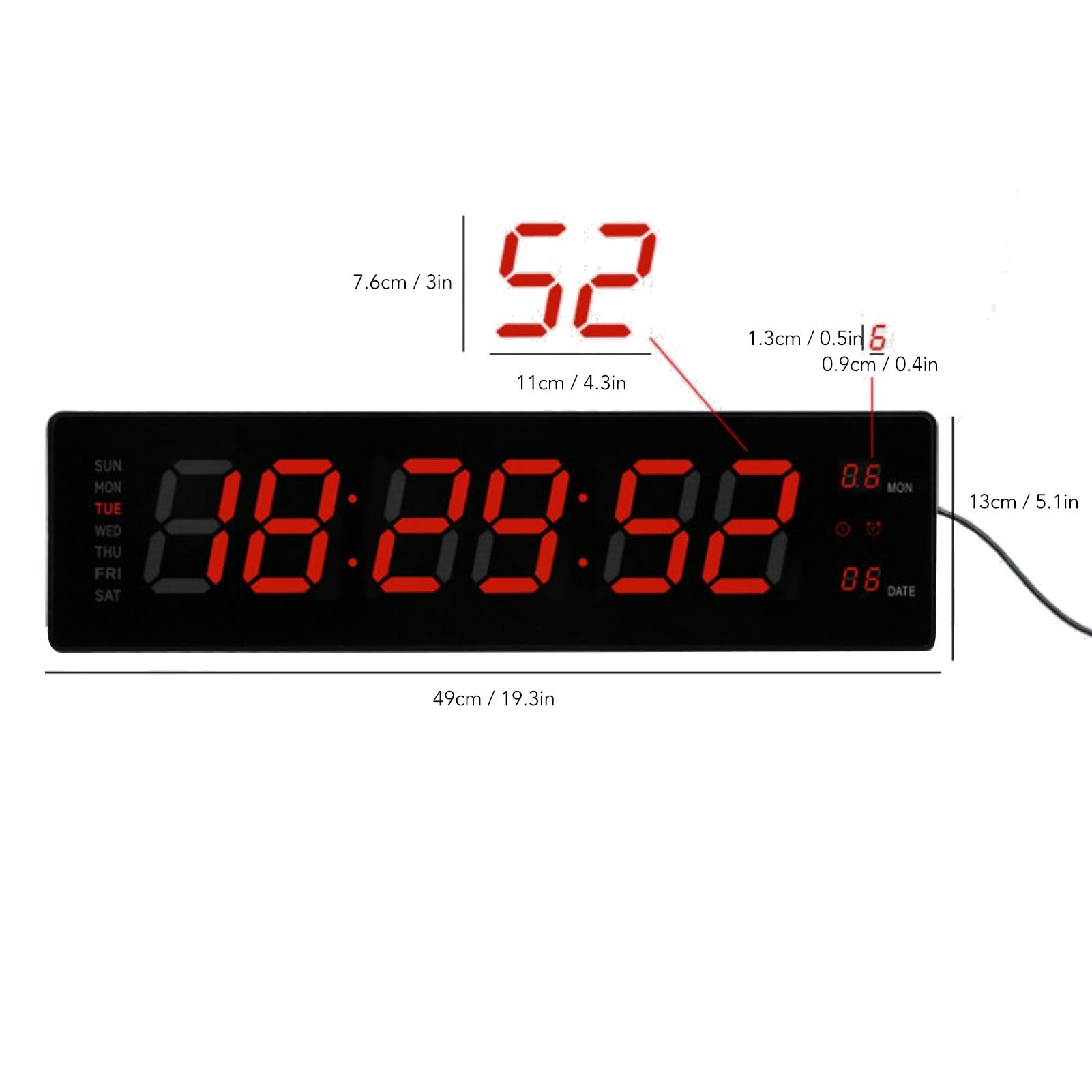 Topiky Reloj de Pared Digital Grande, Despertador con Temperatura de Día y Fecha, Reloj Digital con 8 Alarmas y Memoria de Fallos, para Salón, Dormitorio, Decoración, Regalo para (EU)