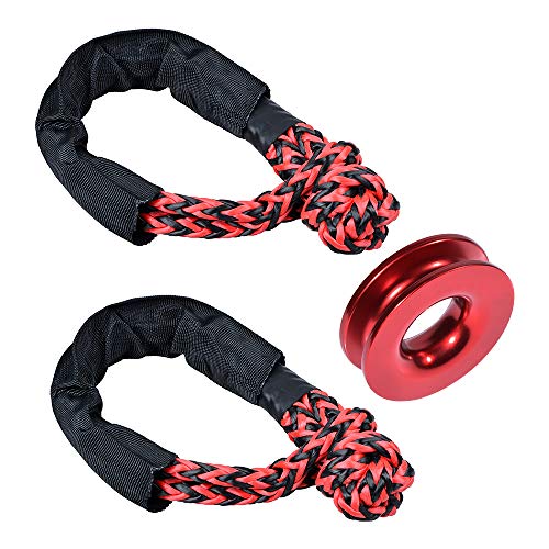 Anzios 1xRed Recovery Ring Load Capacity 41,000lbs + 2xRed Black Synthetic Soft Shackle Rope w/Protective Sleeve for Off-Road Recovery Marine Farming Industrial Mining