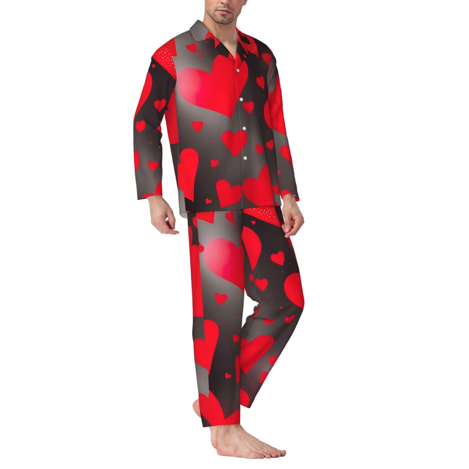 Herren-Pyjama-Set mit roten Herzen, Feuerwerk-Druck, langärmelig, zweiteilig, Hauskleidung, bequeme Nachtwäsche