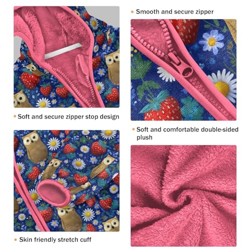 Strawberry Owl Toddler Fleece Jacket Baby Girls Hooded Zipper Long Sleeve Thick Warm Outerwear 3-10 Years3