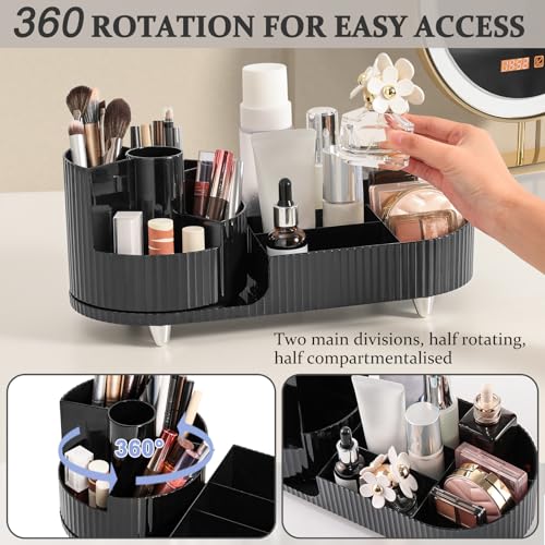 SOLVIEW Make Up Kosmetik Organizer, Skincare Organizer Schminktisch 360° Drehbar und Fach 2-in-1, Makeup Organizers Zur Aufbewahrung von Kosmetika, Hautpflegeprodukten, Pinsel, usw- Schwarz