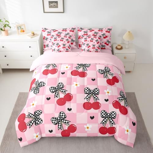 Image of 7 Pcs Bow Cherry Queen Bedding Sets Pink Plaid Cartoon Daisy Hearts Comforter Set Red Cherry Fruit Girly Dreamy All Season Comforter Flat Sheet Fitted Sheet 2 Pillowcases 2 Throw Pillow Covers