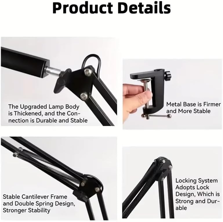 Miniatura 5 de Realexist - Lámpara LED de escritorio, lámpara de brazo oscilante ajustable con abrazadera, 3 modos de 10 brillo luz de lectura que cuida los ojos