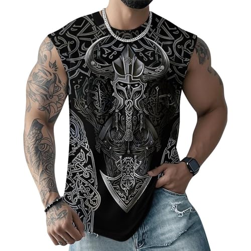 ENLACHIC Men's Viking Raven Print Tank Top Nordic Mythology Graphic Sleeveless Workout Muscle Shirt
