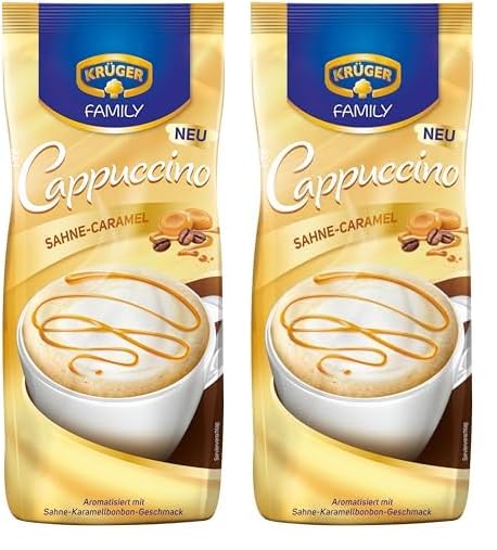 KRÜGER Family Cappuccino Sahne Caramel, aromatisiertes Getränkepulver mit löslichem Bohnenkaffee, koffeinhaltig, 500 g Beutel (Packung mit 2)