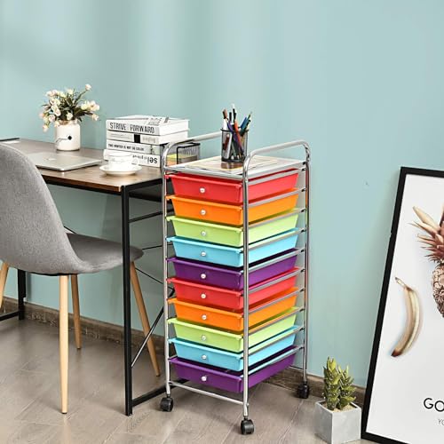 ARLIME 10-Drawer Storage Cart, 10 Drawer Trolley, Rolling Organizer Cart, Scrapbook Paper Organizer, Suitable for Office and School, Rolling Office Organizer Tools (Colorful Rainbow) - Thumbnail 2