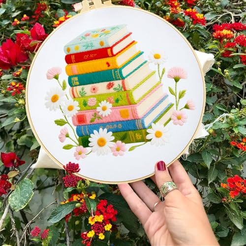 Image of INFUNLY 6 PCS Book and Flower Embroidery Kits for Beginners DIY Cross Stitch Starter Sets for Adults with Instructions Book Cacti Pattern Birds Needlepoint Kits with Embroidery Cloth Hoops Tools