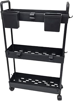 Black 3-Tier Ultra Slim Plastic Trolley on Wheels, Utility Cart