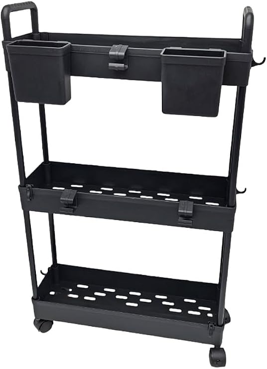 Black 3-Tier Ultra Slim Plastic Trolley on Wheels, Utility Cart