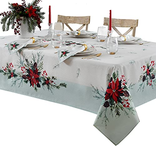 Lintex Holly Bough Stonewashed Border Traditional Christmas Tablecloth, Poinsettia And Holly Sprig Sage, Bordered Xmas Holiday Easy Care Fabric Tablecloth, 60 Inch X 102 Inch Oblong/Rectangle #TOP2