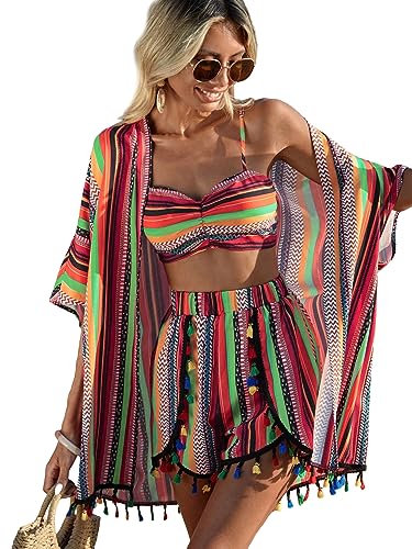 Verdusa Women's 3 Piece Outfits Short Sleeve Open Front Kimono and Boho Cami Top and Tassel Trim Tropical Shorts Set Hot Pink S