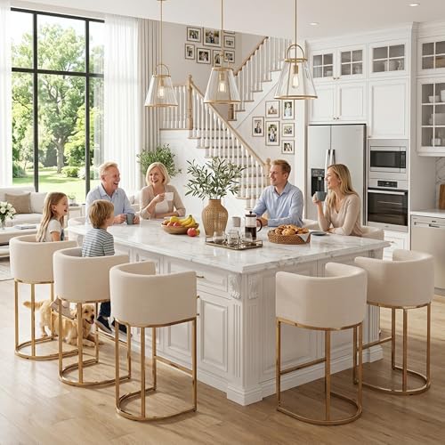 Image of HNY Modern Cream Counter Height Barrel Linen Fabric Upholstered Counter Stool, 29 Inch Kitchen Island Stool with Gold Metal Frame