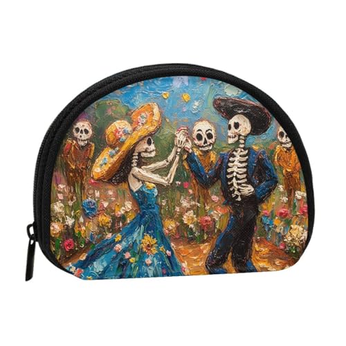 Portable Coin Purse Romantic-Skeletons-Marigold Mini Zippered Money Pouch Card Holder