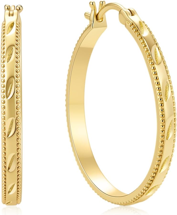 14k Yellow Gold Hoop Earrings for Women, Leaf-Engraved Huggie Hoops with Beaded Edge & Smooth Inner, Hypoallergenic Textured Jewelry Gift 20/25/30mm