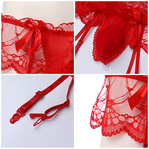 ABAFIP Men's Frilly Skirted Sissy Lace Thongs Panties Low Waist G-string Garter Belt Crossdressing Lingerie Underpants4