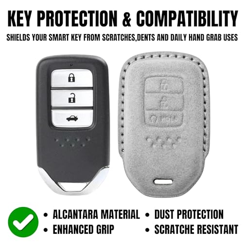 Image of KMH Alcantara Car Key Cover Compatible with Honda City, Civic, Jazz, Amaze, CR-V, WR-V, BR-V Models 3 Buttons Shell Case Holder Full Key Protector Smart Keycover with Keychain (D2) Grey - Pack of 1