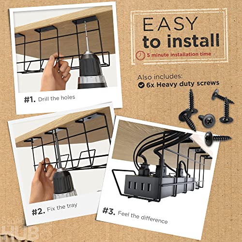 Under Desk Computer Cable Management Tray - Sturdy Wire Design For Offices And Homes - Powder Coated And Constructed From Carbon Steel With A Matte Black Color - Secure Screw Mount Installation #TOP1