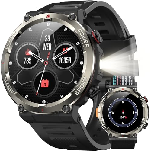 IOWODO Smartwatch Uomo Militare 1.45" con Chiamate Bluetooth, Batteria 960mAh, Torcia LED, Bussola, IP68 Impermeabile, Monitoraggio Cuore/Ossigeno nel Sangue/Sonno, 100+ Modalità Sportive, 2 Cinturini