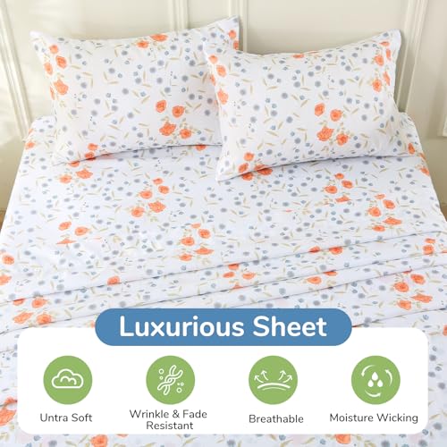 Image of MUXHOMO Full Size 4 Piece Sheet Set, Soft Sheet Set for Bedroom with Deep Pocket Up to 16 inch, Wrinkle-Free Bed Sheet with Flat Sheet, Fitted Sheet & Pillowcases - Orange Blossom