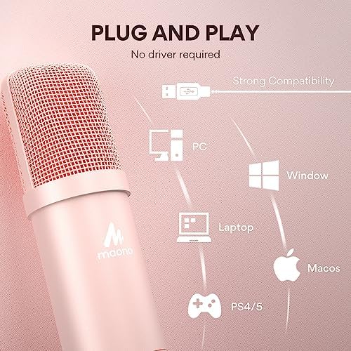 MAONO A04 Pink USB Microphone, 192kHz/24Bit Condenser Mic for PC Podcast | Plug & Play Computer Cardioid Metal Mic Kit with Pro Sound Chipset for Recording, Gaming, Content Creation, Stream, YouTube