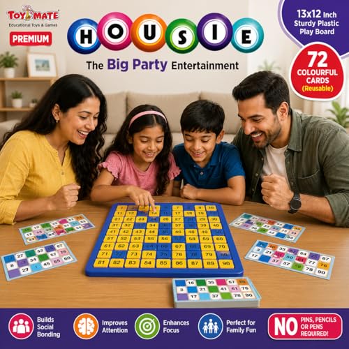Image of toymate Premium Housie Game - The Big Party Entertainment | 72 Reusable Colourful Cards, 13x12 Inch Plastic Play Board, 30mm Big Tiles | No Pins or Pencils Needed | Family Fun Tambola Game
