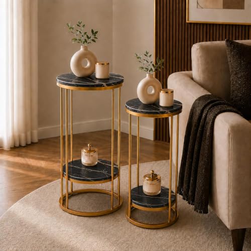 Image of Plant Stand Indoor Outdoor Metal, 2-Tier Modern Plant Shelf, Corner Flower Pot Holder, Plant Stand Table for Living Room Balcony Patio Garden Entryway Set Of 2 (Gold & Black)