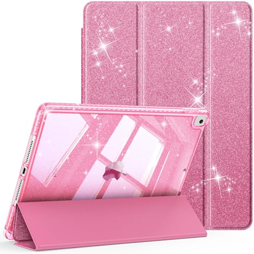 FINTIE Custodia per iPad 10.2 Pollici 9a / 8a / 7a Generazione (2021 2020 2019) con Portapenne - Antiurto Glittering Trasparente Cover Posteriore con Auto Sveglia/Sonno, Magenta