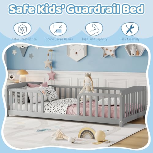 Image of Bellemave Twin Size Montessori Floor Bed Frame with High Fence, Solid Wood Kids Floor Bed with Central Entrance, Low Profile Bed for Boys & Girls, Rounded Corner Design,Gray